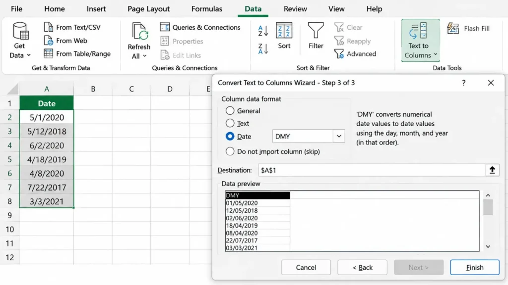 Excel Text to Columns Wizard with Date and DMY format selected