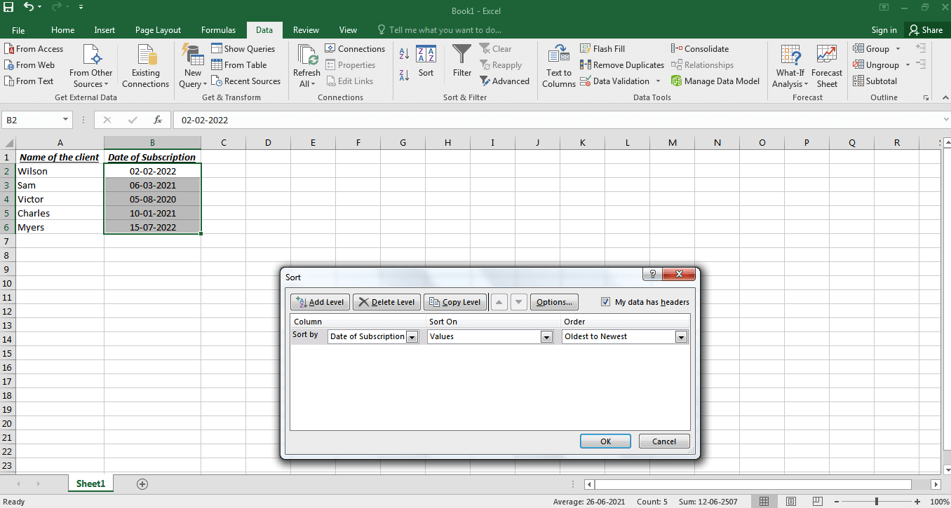 Excel data sorting by date 1