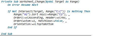 Macro 2: When modifications are made to a certain range, auto sort